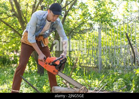 un homme avec une tronçonneuse. élimine les plantations dans le jardin des vieux arbres, récolte le bois de chauffage. Banque D'Images