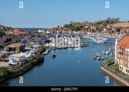 Un kayakiste pagayer vers l'abbaye de Whitby depuis la rivière Esk vers la baie de Whitby et la mer tandis que le North Yorkshire baigne au soleil de la vague de chaleur. North Yorkshire, Royaume-Uni. 11th août 2022. Banque D'Images