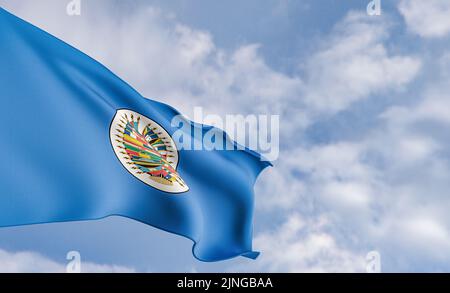 Organisation drapeau États américains sur le fond des nuages, tissu drapeau États américains, ciel bleu avec drapeau des États américains, 3D travaux et Banque D'Images