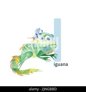 Lettre I, iguana, joli enfant coloré animal ABC alphabet. Illustration aquarelle isolée sur fond blanc. Banque D'Images