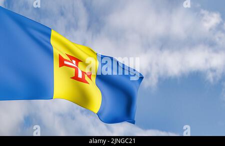 Drapeau national Madeira sur fond de nuages, drapeau tissu Madeira, ciel bleu avec drapeau Madère, 3D œuvres et 3D images Banque D'Images