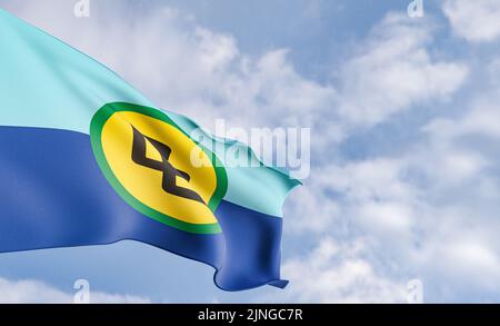 Organisation drapeau Communauté des Caraïbes sur fond de nuages, drapeau tissu Communauté des Caraïbes, ciel bleu sur fond de drapeau communautaire des Caraïbes Banque D'Images