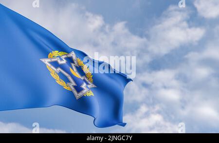 Organisation drapeau de sécurité collective Organisation du Traité sur le fond des nuages, drapeau de tissu CSTO, fond ciel bleu avec drapeau CSTO, 3D travaux Banque D'Images
