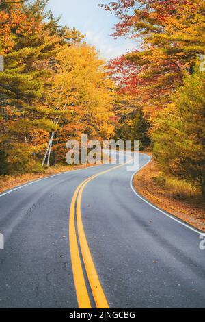 Les courbes dans la pittoresque route sinueuse feuillage de l'automne les arbres en Nouvelle Angleterre. Banque D'Images