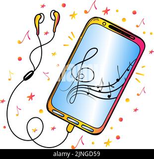 Un smartphone avec casque, dessiné à la main dans un style de dessin de doodle. Un appareil pour écouter de la musique. Vecteur dans un style de dessin animé simple. Éléments isolés Illustration de Vecteur