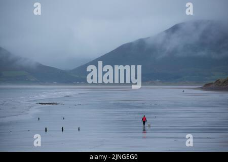 Une femme dans une veste rouge marche son chien le long d'une plage vide sur la côte ouest de l'Irlande Banque D'Images