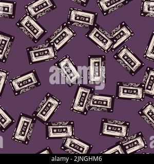 Bande de cassette audio gravée sans couture. Cassette de musique vintage avec style dessiné à la main. Texture d'esquisse pour tissus, papiers peints, textiles, imprimés, Illustration de Vecteur