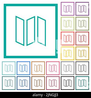 Les cartes pliables présentent des icônes de couleur plate avec des cadres quadrants sur fond blanc Illustration de Vecteur
