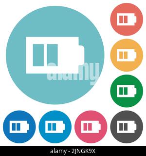La moitié de la batterie avec deux unités de charge alternent les icônes blanches plates sur les arrière-plans de couleur ronde Illustration de Vecteur