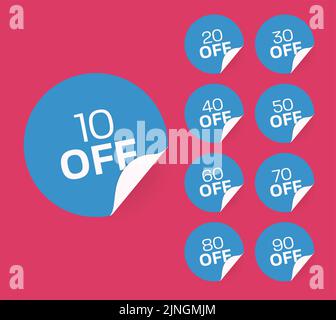 Achetez maintenant avec un pourcentage de réduction différent lot d'étiquettes en forme de feuille. Vendre hors publicité badge rouge modèle d'autocollant avec divers vecteur d'offre commerciale Illustration de Vecteur