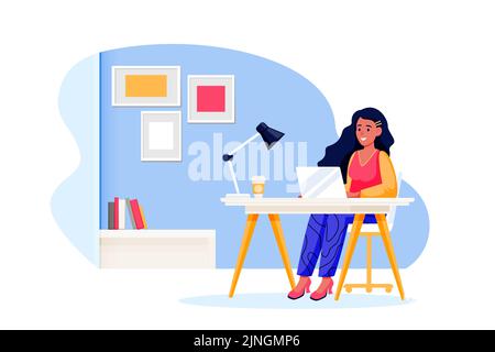 Jeune fille assise à la table à la maison ou au bureau. Femme indépendante travaille sur ordinateur portable. Illustration de personnage de femme d'affaires de dessin animé à plat vectoriel. Onli Illustration de Vecteur