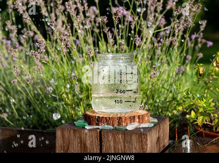 Jauge d'eau de pluie faite à la main en pot de verre, mesurant la pluie dans le jardin de la maison. Pluie à l'extérieur dans le jardin. Également connu sous le nom d'udomètre, pluvia métior. Banque D'Images