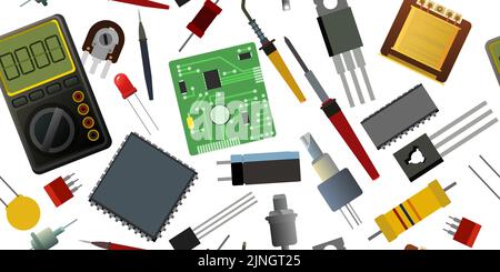 Ensemble de composants radio. Motif sans couture. Image d'arrière-plan. Élément du circuit radio. Objet isolé sur blanc. Détails de l'électronique. Dispersé dans Illustration de Vecteur