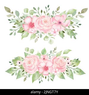 Bouquet d'aquarelles de fleurs et de feuilles roses Banque D'Images