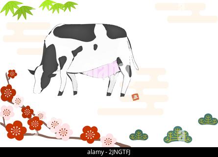 Illustration de la prune et de la vache Shochiku pour l'année 2021 : modèle de carte postale de la nouvelle année Illustration de Vecteur