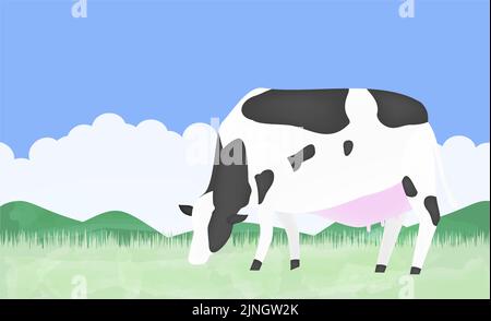 Illustration d'une vache mangeant de l'herbe sur un ranch d'été Illustration de Vecteur