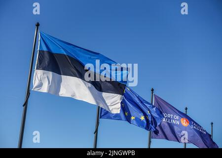 Tallinn, Estonie 31 juillet 2022 On voit des drapeaux sur le vent de l'Estonie et de l'Union européenne (UE). Credit: Vadim Pacajev/Alay Live News Banque D'Images