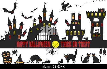 Ensemble de matériaux pour la silhouette d'Halloween : vieux château et chauves-souris, citrouille et illustration du vecteur de chat Illustration de Vecteur