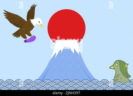 Illustration d'une carte du nouvel an dans laquelle un faucon saisit l'aubergine et vole sur fond de Mont Fuji avec Amabie Illustration de Vecteur