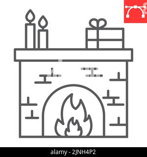 Icône de ligne de cheminée de Noël, Noël et intérieur, icône de vecteur de cheminée, graphiques de vecteur, signe de contour modifiable de trait, eps 10. Illustration de Vecteur
