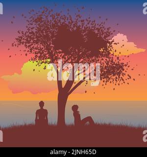 Silhouette abstraite d'une fille assis sous l'arbre à l'heure du coucher du soleil. Illustration de Vecteur