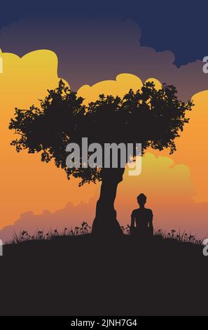 Silhouette abstraite d'une fille assis sous l'arbre à l'heure du coucher du soleil. Illustration de Vecteur