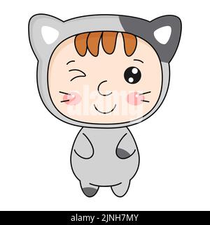 Mignon kawaii enfant en costume de chat. Illustration de Vecteur