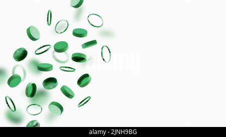 Bouchons de bouteille verts pour recyclage sur fond gris. Des capuchons en plastique flottent, volent dans l'air. Le concept de sécurité contre les dommages environnementaux. Banque D'Images