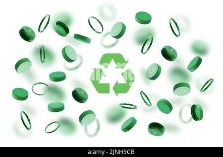 Bouchons de bouteille verts, symbole de recyclage sur fond blanc. Les capuchons en plastique flottent, volent dans l'air. Le concept de sécurité contre les dommages environnementaux. Banque D'Images
