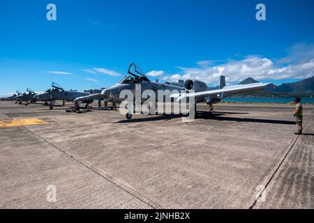 Les avions Thunderbolt II a-10 du groupe d'avions de chasse 924th de la base aérienne Davis-Monthan, en Arizona, se préparent à prendre le décollage en soutien du RIMPAC 22 à la base des corps maritimes d'Hawaï 25 juillet 2022. Vingt-six nations, 38 navires, trois sous-marins, plus de 170 avions et 25 000 membres du personnel - y compris les aviateurs du 624 RSG - participent à la #RIMPAC2022 de 29 juin à août 4 dans et autour des îles hawaïennes et de la Californie du Sud. Le plus grand exercice maritime international au monde, RIMPAC offre une occasion unique de formation tout en favorisant et en soutenant les relations de coopération Banque D'Images