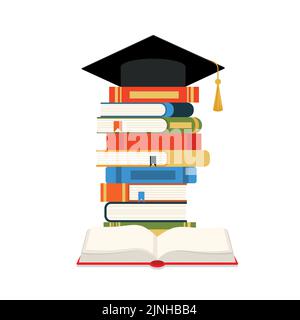 Chapeau de graduation et livres. L'éducation de concept. Pile de livres, chapeau, chapeau. Vector.eps 10 Illustration de Vecteur