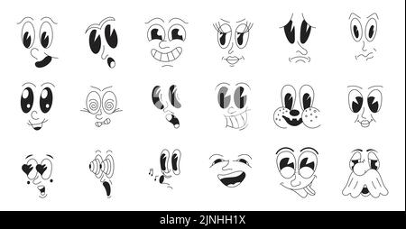 Les personnages mascottes définissent un vecteur dans un style de dessin animé rétro 30s. Visages mignons et drôles, comme exemples de 50s, 60s vieux style d'animation. Des mems fous des yeux et de la bouche Illustration de Vecteur