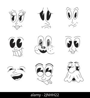 Les personnages mascottes définissent un vecteur dans un style de dessin animé rétro 30s. Visages mignons et drôles, comme exemples de 50s, 60s vieux style d'animation. Des mems fous des yeux et de la bouche Illustration de Vecteur