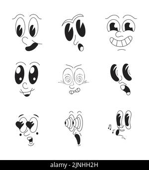 Les personnages mascottes définissent un vecteur dans un style de dessin animé rétro 30s. Visages mignons et drôles, comme exemples de 50s, 60s vieux style d'animation. Des mems fous des yeux et de la bouche Illustration de Vecteur