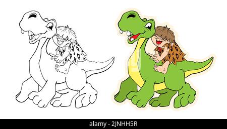 Homme primitif assis sur un dinosaure vert.Vector caricature illustration.coloriage livre pour les enfants Illustration de Vecteur