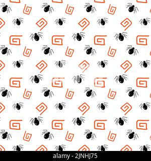 Motif Halloween sans couture des araignées et éléments de design abstrait orange. Texture répétée. Arrière-plan abstrait. Exemple. Imprimé mode. Modèle pour papier d'emballage, affiche, carte postale, carte de vœux, étiquette de prix, bannière. Illustration de Vecteur