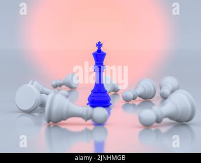 Roi d'échecs bleu debout au milieu de pièces d'échecs blanches éparpillées, concept de victoire, concurrence et affaires. 3d illustrations Banque D'Images