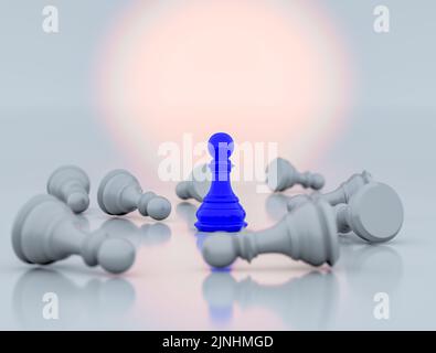 Pion d'échecs bleu debout au milieu de pièces d'échecs blanches éparses, concept de victoire, concurrence et affaires. 3d illustrations Banque D'Images