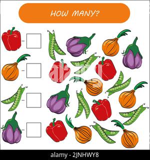 Jeu de comptage pour enfants. Combien de légumes y a-t-il. Tâche pédagogique de mathématiques pour le développement de la pensée logique, activité de feuille de travail préscolaire, c Banque D'Images