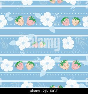 Vector ciel bleu pastel fraises blanc fleurs rayures fond de motif floral sans couture avec éléments dessinés à la main. Illustration de Vecteur