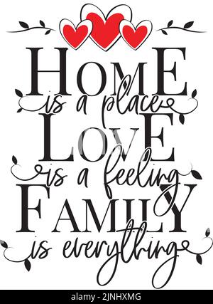 La maison est un lieu, l'amour est un sentiment, la famille est tout, vecteur. Pensée positive, affirmation. Design de l'élément verbal isolé sur fond blanc Illustration de Vecteur