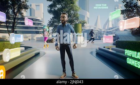 Illustration d'Avatar de personne dans la ville virtuelle de métaverse, avec le menu de sélection et d'autres personnes autour de lui, il prend sa tête vr a mis Banque D'Images