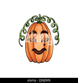 Troisième d'une famille amusante de citrouilles d'Halloween. Illustration dessinée à la main. Elément isolé sur fond blanc. Banque D'Images