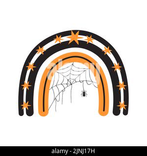 Arc-en-ciel Halloween avec toile d'araignée. Adorable icône dessinée à la main pour célébrer une nuit effrayante. Illustration vectorielle de style dessin animé plat. Design pour poster Illustration de Vecteur
