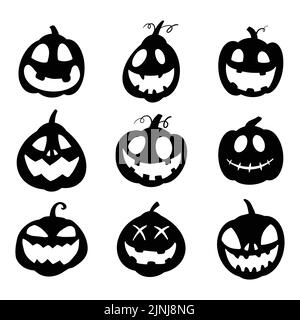 Ensemble d'icônes visages de citrouille d'Halloween. Les silhouettes de citrouille sourient sur fond blanc. Illustration de Vecteur