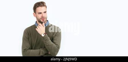 son propre style. hommes tendance avec montre de poignet isolée sur blanc. accessoire de mode pour hommes. temps. Portrait de visage d'homme, bannière avec espace de copie. Banque D'Images