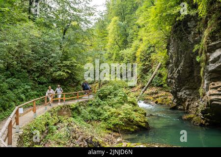 Les gens qui marchent sur un sentier près de la gorge de Vintgar Banque D'Images