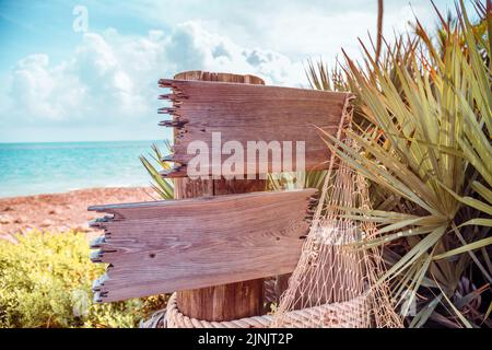Un panneau en bois à la plage avec filet de pêche et palmiers en été avec ciel bleu et espace de copie à bord Banque D'Images