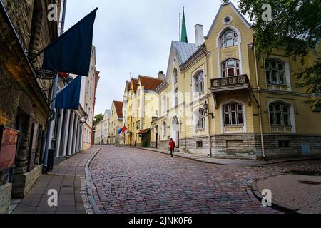 Belle rue pavée avec ses maisons médiévales colorées dans la ville de Tallinn. Banque D'Images
