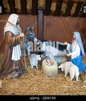 Naissance de jésus christ comme une scène de nativité, marché de Noël à Trèves, Rhénanie-Palatinat, Allemagne, Europe Banque D'Images